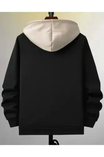 Men's Patchwork Color Black New York Printed Hoodie Zipper Cardigan-Black - 3