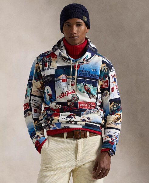 Men's Patchwork-Ski-Print Fleece Hoodie Blue - 1