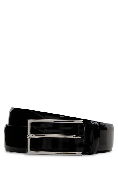 Men's Patent Leather Dress Belt with Silver Buckle, Black - 12