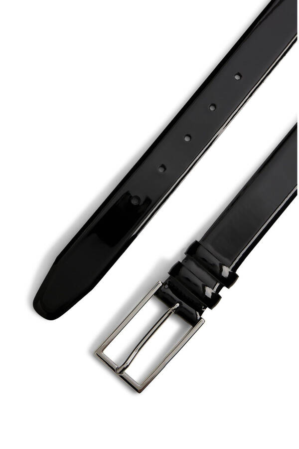 Men's Patent Leather Dress Belt with Silver Buckle, Black - 4