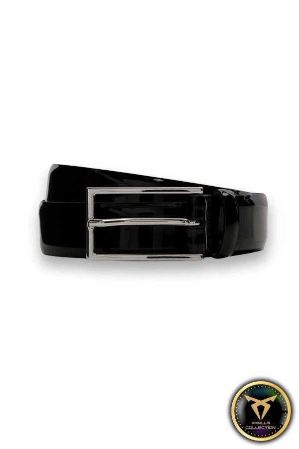 Men's Patent Leather Dress Belt with Silver Buckle, Black - 1