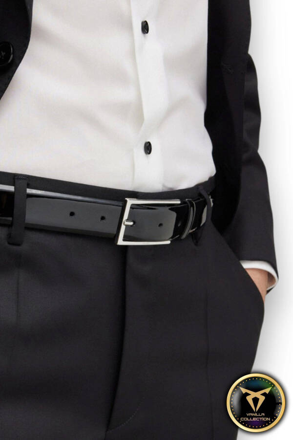 Men's Patent Leather Dress Belt with Silver Buckle, Black - 4