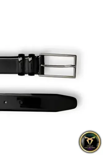 Men's Patent Leather Dress Belt with Silver Buckle, Black - VANİLLA COLLECTİON (1)