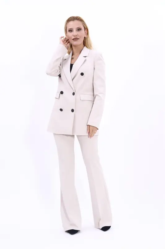 Men's Peak Lapel Double-Breasted Blazer Jacket & Flare Pants - Beige - Beige - 3