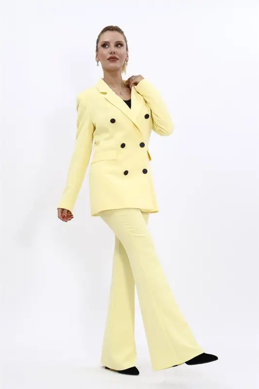 Men's Peak Lapel Double-Breasted Blazer Jacket & Flared Trousers - Yellow - Yellow - 1