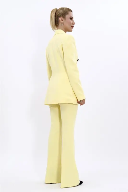 Men's Peak Lapel Double-Breasted Blazer Jacket & Flared Trousers - Yellow - Yellow - 3