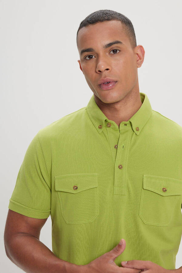 Men's Peanut Green %100 Cotton Slim Fit Polo Neck T-Shirt - 4