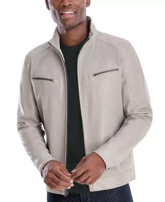 Men's Perforated Faux Leather Moto Jacket, Created for Modazone - 1