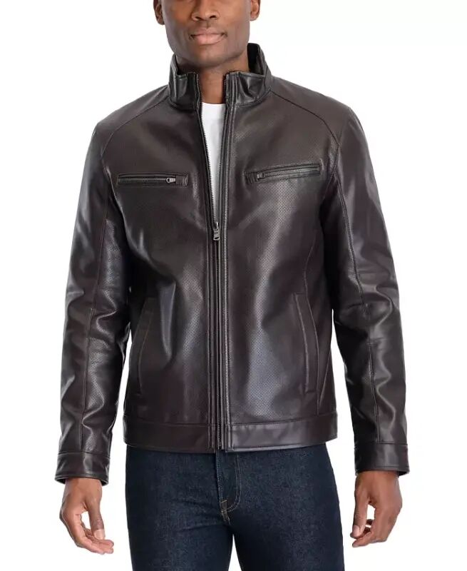 Men's Perforated Faux Leather Moto Jacket, Created for Modazone - 6