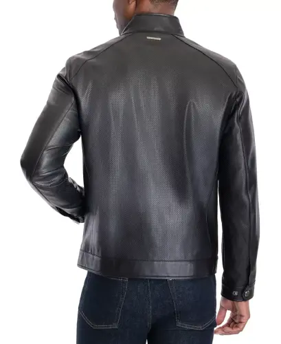 Men's Perforated Faux Leather Moto Jacket, Created for Modazone-Black - 6