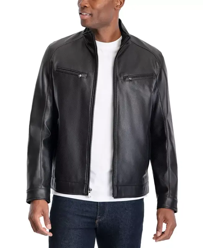Men's Perforated Faux Leather Moto Jacket, Created for Modazone-Black - 2