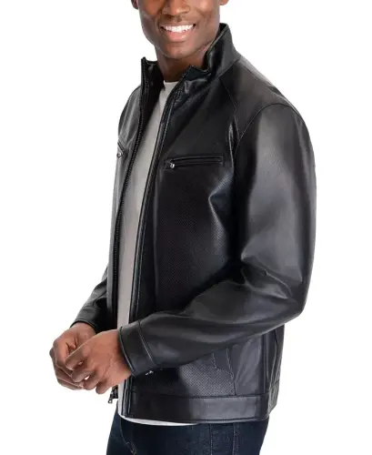 Men's Perforated Faux Leather Moto Jacket, Created for Modazone-Black - 4