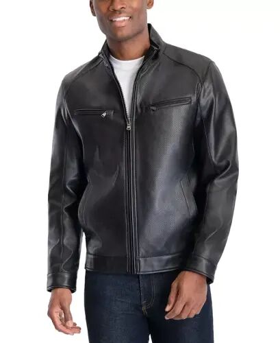 Men's Perforated Faux Leather Moto Jacket, Created for Modazone-Black - 5