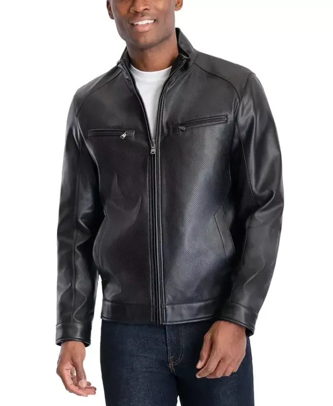 Men's Perforated Faux Leather Moto Jacket, Created for Modazone-Black - 5
