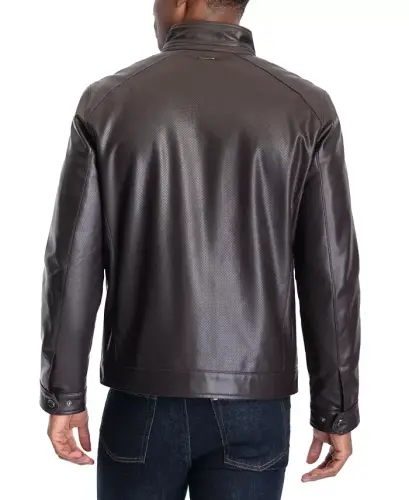 Men's Perforated Faux Leather Moto Jacket, Created for Modazone-Espresso - 6