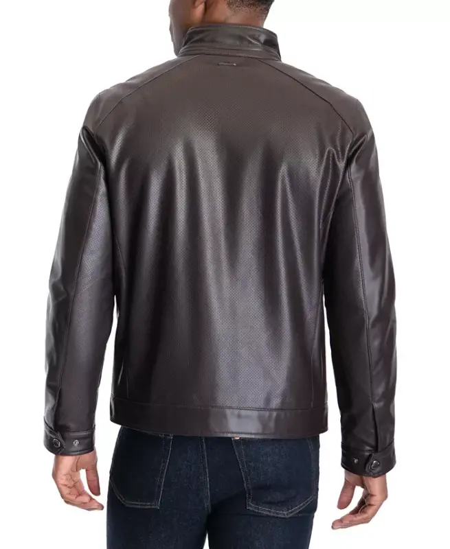 Men's Perforated Faux Leather Moto Jacket, Created for Modazone-Espresso - 6