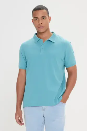 Men's Petrol 100% Cotton Non-Iron Pique Polo Collar Slim Fit Narrow Cut T-Shirt - 5