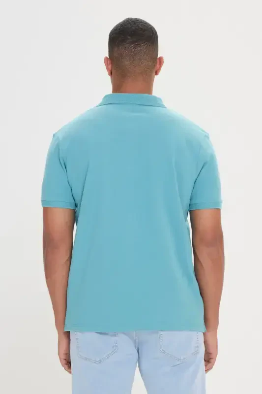 Men's Petrol 100% Cotton Non-Iron Pique Polo Collar Slim Fit Narrow Cut T-Shirt - 8