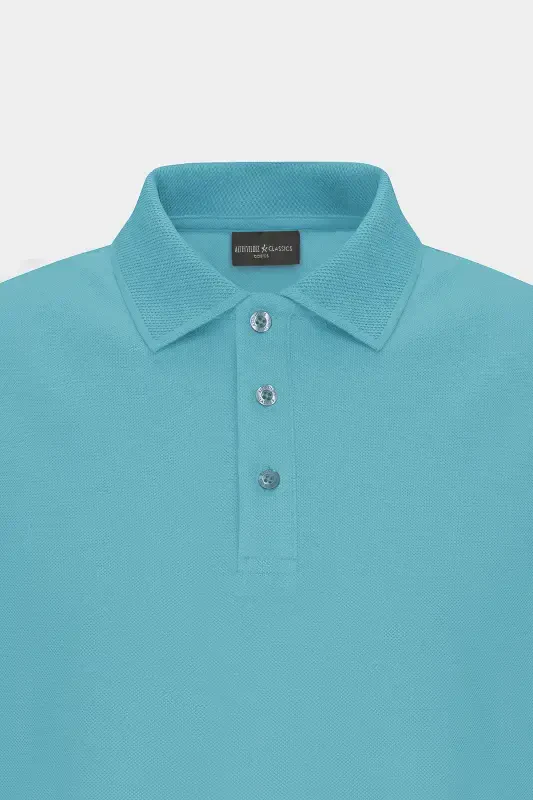 Men's Petrol 100% Cotton Non-Iron Pique Polo Collar Slim Fit Narrow Cut T-Shirt - 10