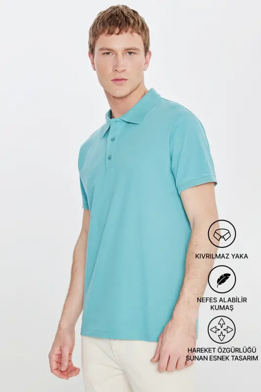 Men's Petrol 100% Cotton Non-Iron Pique Polo Collar Slim Fit Narrow Cut T-Shirt - 2
