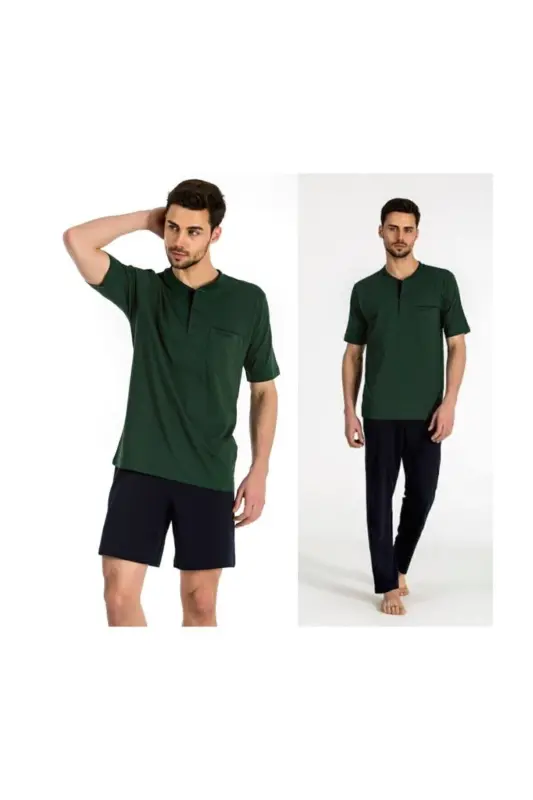 Men's Petrol Blue Groom Dowry 3-Piece Knitted Pajama Set-Petrol Blue - PIERRE CARDIN
