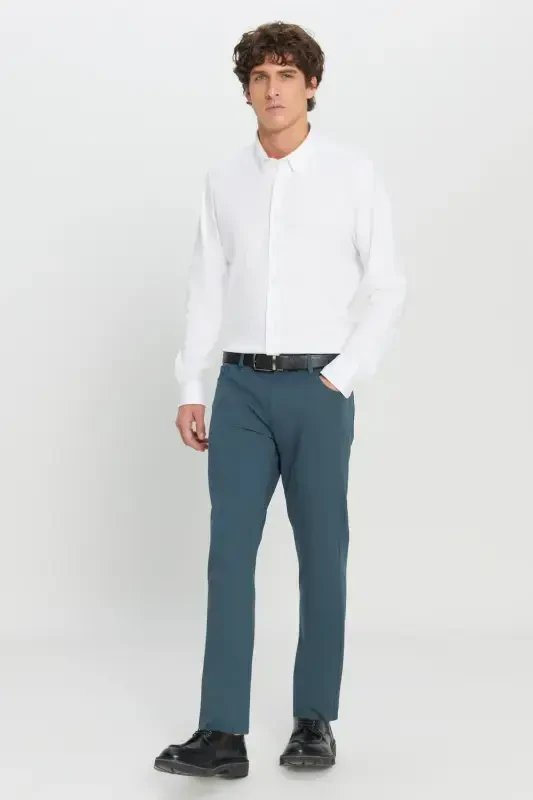 Men's Petrol Slim Fit Narrow Cut 5 Pocket Cotton Canvas Flexible Chino Trousers-Petrol - 3