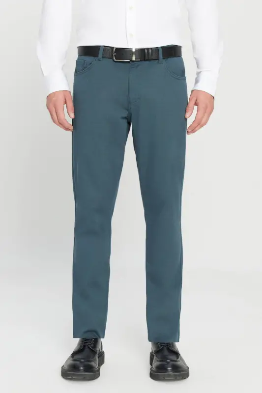 Men's Petrol Slim Fit Narrow Cut 5 Pocket Cotton Canvas Flexible Chino Trousers-Petrol - 3