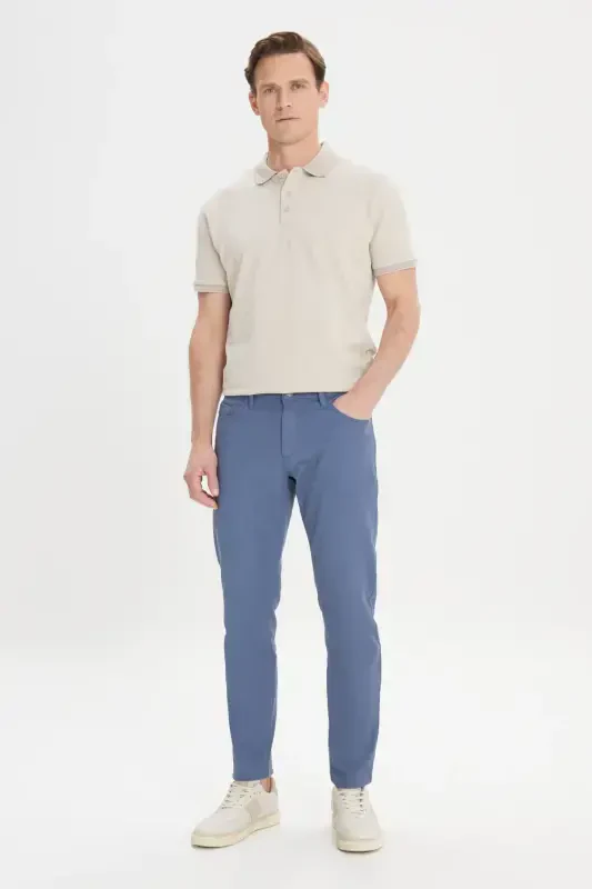 Men's Petrol Slim Fit Narrow Cut 5 Pocket Textured Flexible Trousers - 5