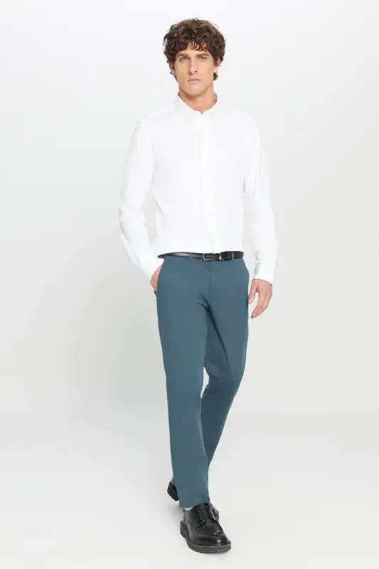 Men's Petrol Slim Fit Narrow Cut Side Pocket Cotton Flexible Chino Trousers-Petrol - 3