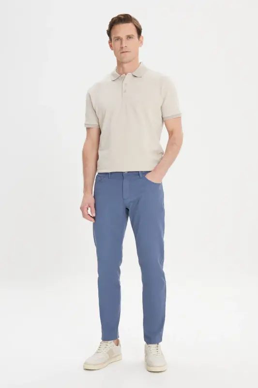 Men's Petroleum Slim Fit Narrow Cut 5 Pocket Dobby Flexible Trousers - Petroleum - 5