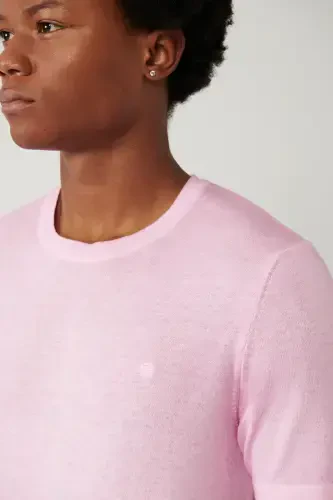Men's Pink Crew Neck Garment Dyed Paint Effect Regular Fit Knit T-shirt A41y5074 - AVVA (1)