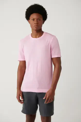Men's Pink Crew Neck Garment Dyed Paint Effect Regular Fit Knit T-shirt A41y5074 - 3
