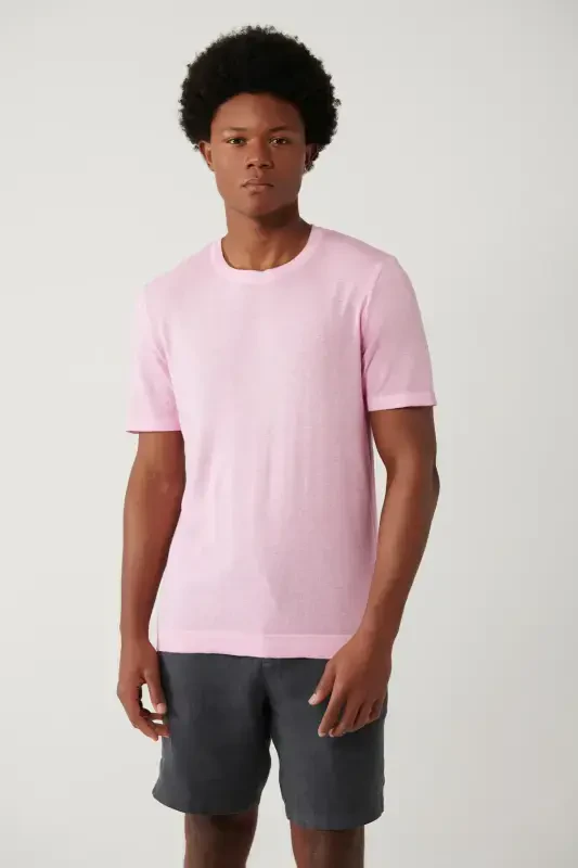 Men's Pink Crew Neck Garment Dyed Paint Effect Regular Fit Knit T-shirt A41y5074 - 3