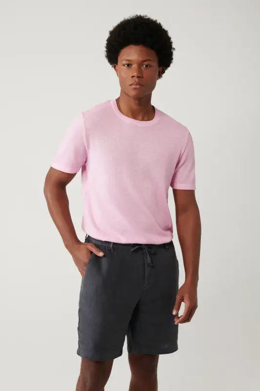 Men's Pink Crew Neck Garment Dyed Paint Effect Regular Fit Knit T-shirt A41y5074 - AVVA