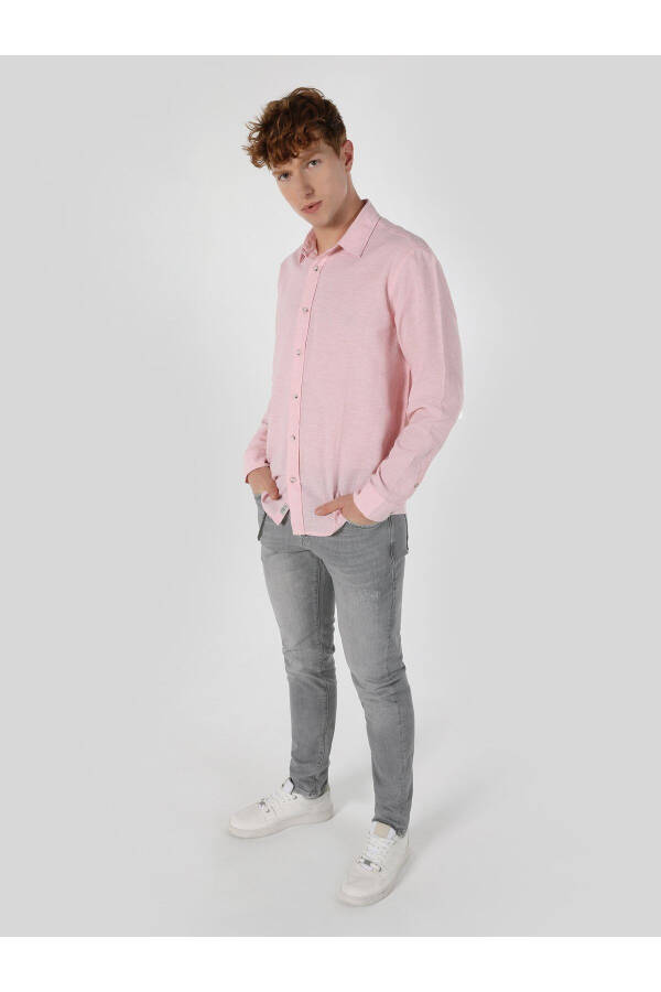 Men's pink linen long-sleeve shirt, regular fit - 4