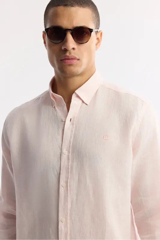 Men's Pink Linen Shirt with Button Down Collar Comfort Fit B002191 - 2