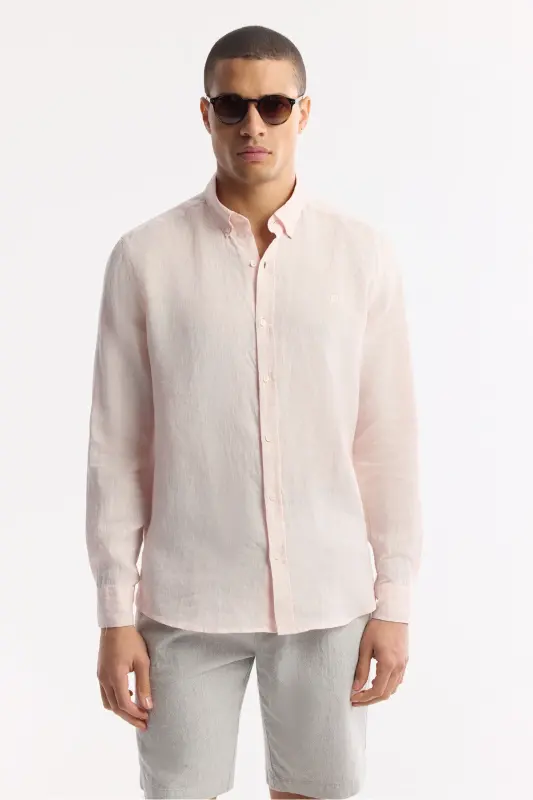 Men's Pink Linen Shirt with Button Down Collar Comfort Fit B002191 - 5