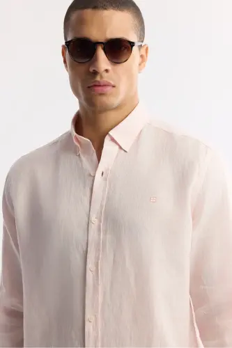 Men's Pink Linen Shirt with Button Down Collar Comfort Fit B002191 - 3