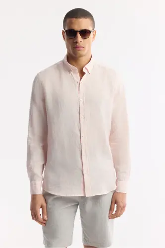 Men's Pink Linen Shirt with Button Down Collar Comfort Fit B002191 - 6