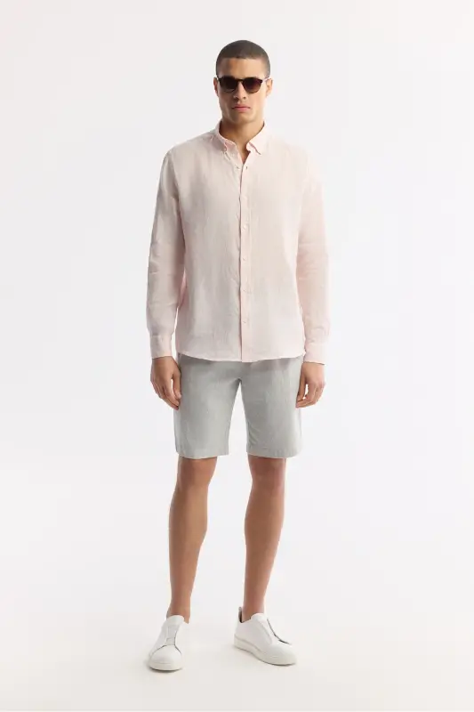 Men's Pink Linen Shirt with Button Down Collar Comfort Fit B002191 - 7
