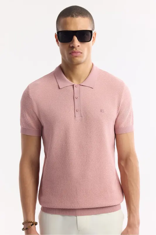 Men's Pink Regular Fit Polo Neck Textured Knit T-shirt B005120-Pink - 5