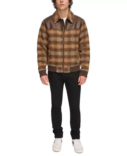 Men's Plaid Bomber Jacket-Brown Multi - 6