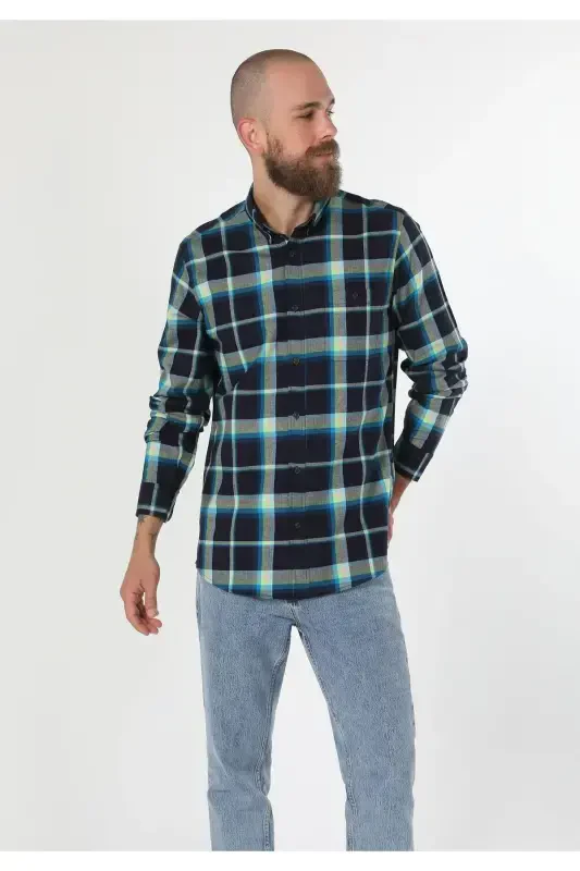 Men's Plaid Navy Long Sleeve Shirt - 2