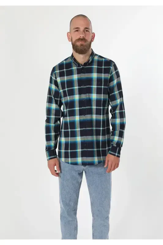 Men's Plaid Navy Long Sleeve Shirt - 4