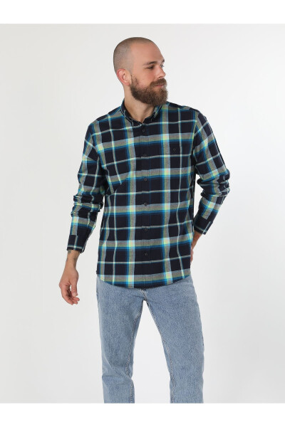 Men's Plaid Navy Long Sleeve Shirt - 1