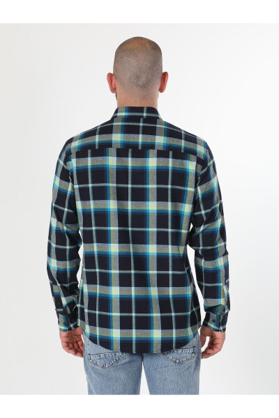 Men's Plaid Navy Long Sleeve Shirt - 2