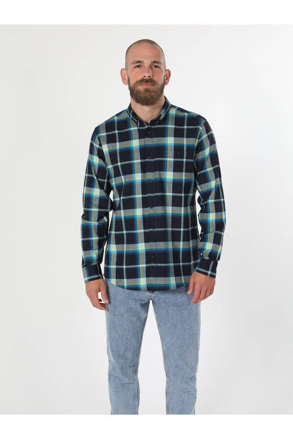 Men's Plaid Navy Long Sleeve Shirt - 3