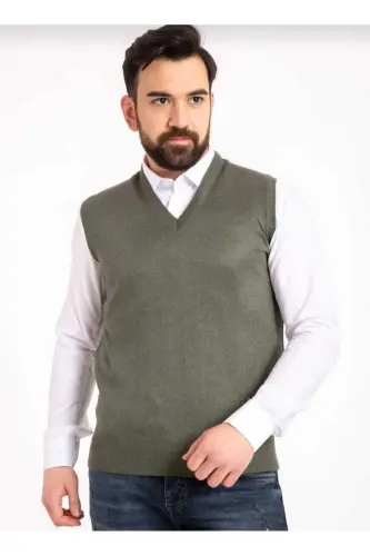 Men's plaid patterned V-neck thin knit sweater - GREEN - GENEL MARKALAR (1)
