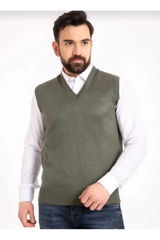 Men's plaid patterned V-neck thin knit sweater - GREEN - 2