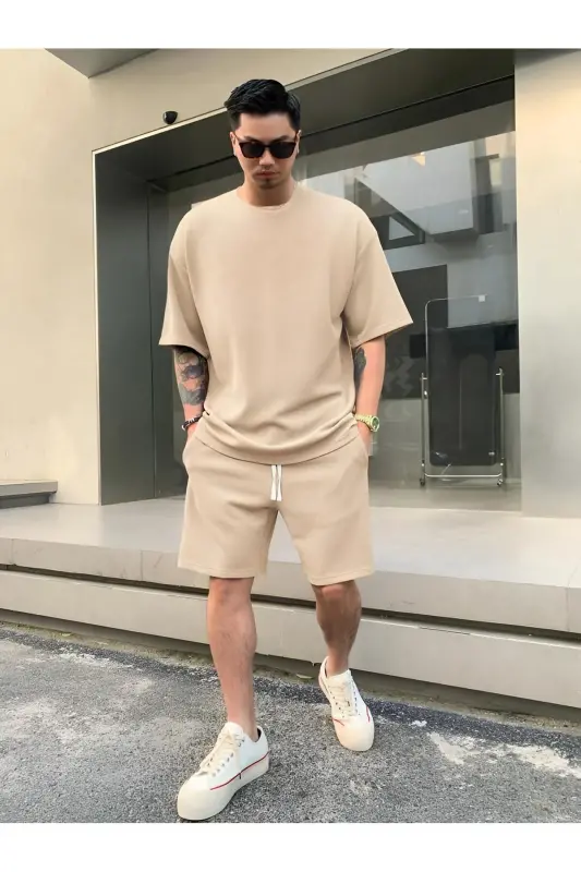 Men's Plain Beige Matching Set-Beige - 3